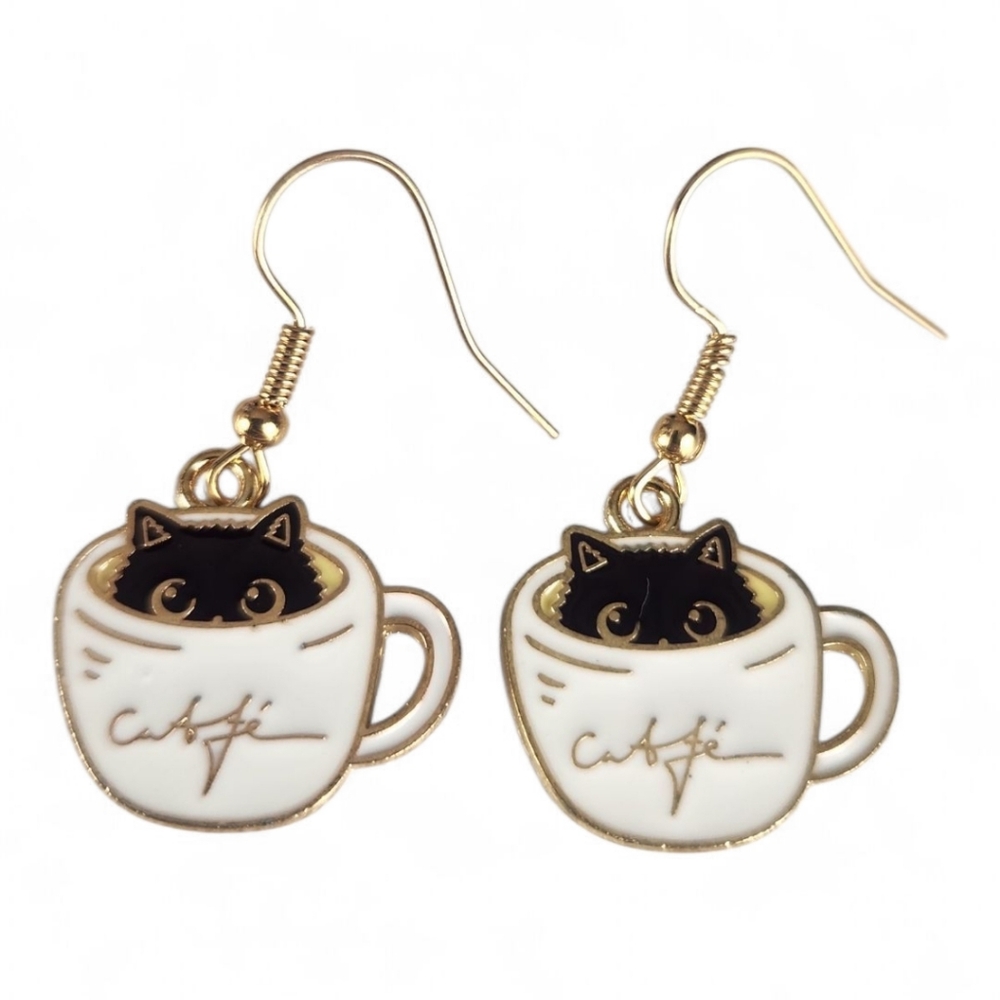 NEW Cat in Coffee Mug Small Dangle Earrings Goldtone Cute Kitty Cafe Cup Fashion